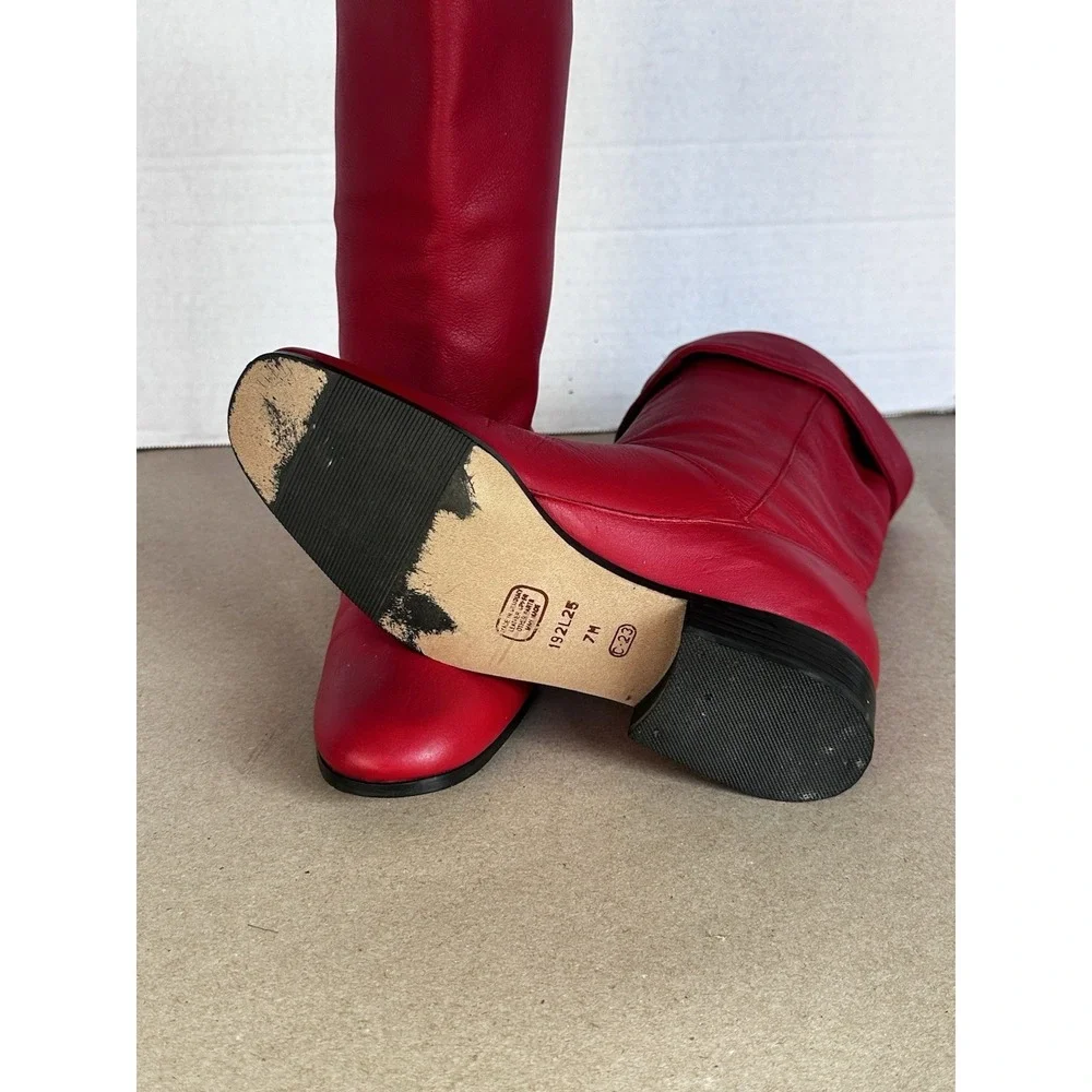 VTG Life Stride Red Leather Mid Calf‎ Boots 80s Slouch Peter Pan Boho Fold Over